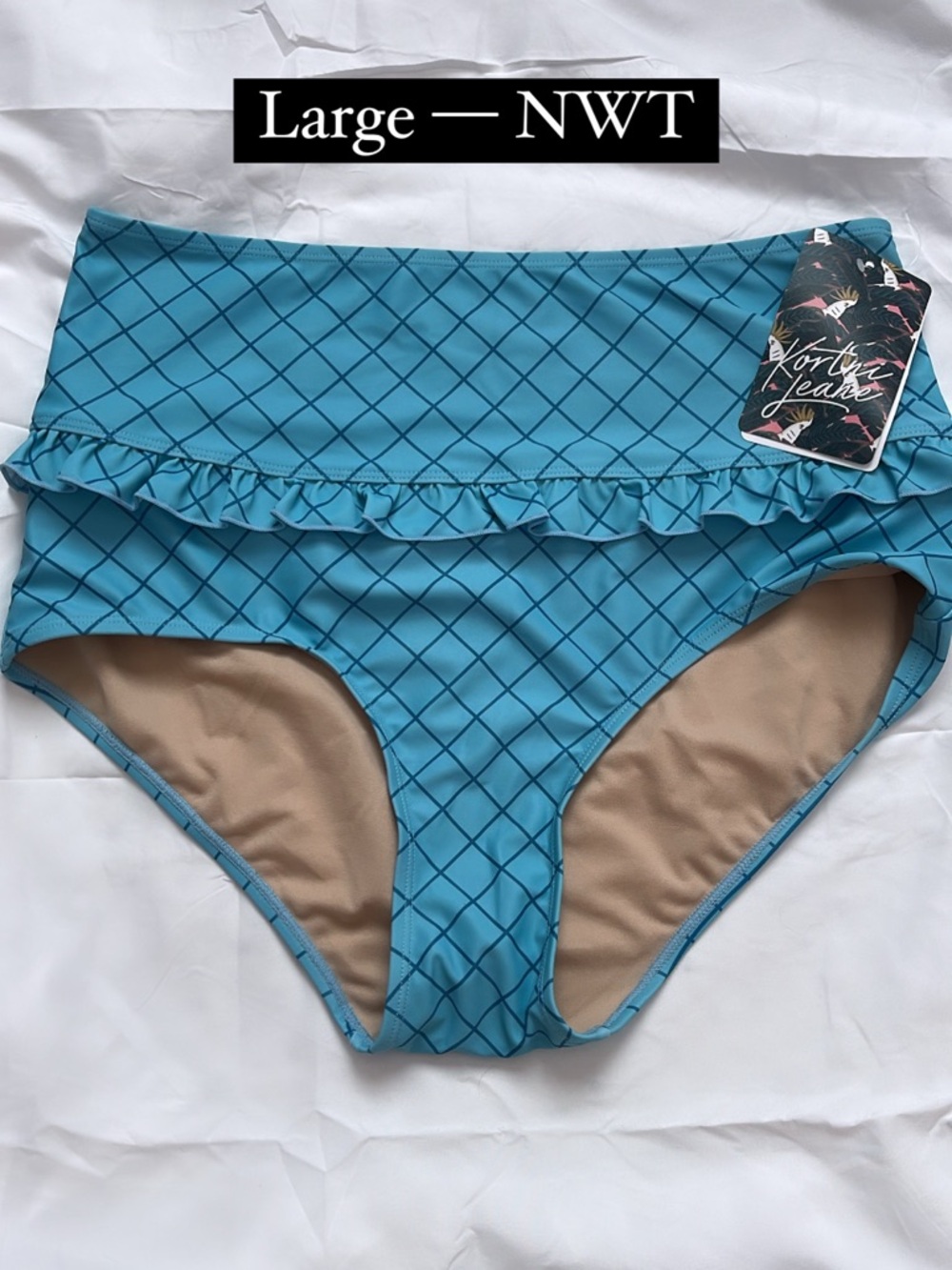 Kortni jeane High-Waist Blue Grid Bikini Bottoms with Ruffle